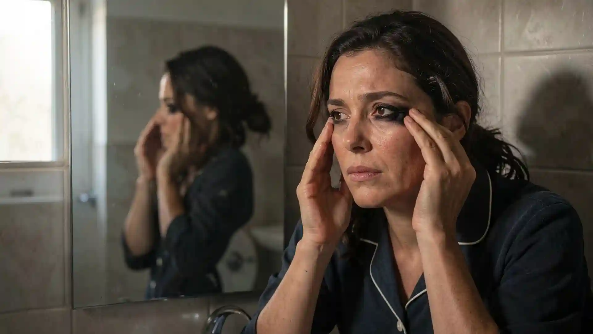 Sarah touching dark circles under her tired eyes in a bathroom mirror