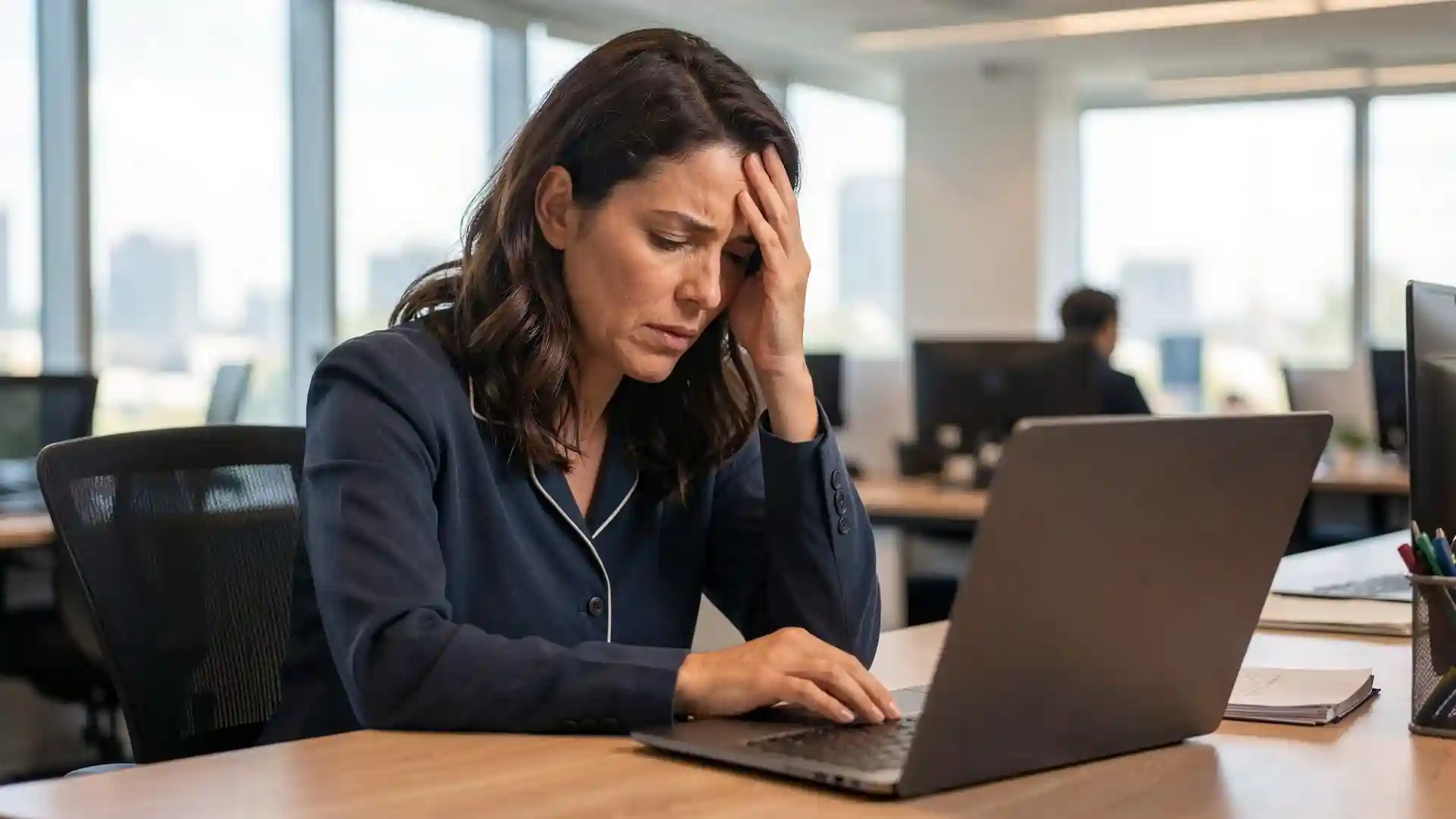 Sarah exhausted at her office desk rubbing her forehead