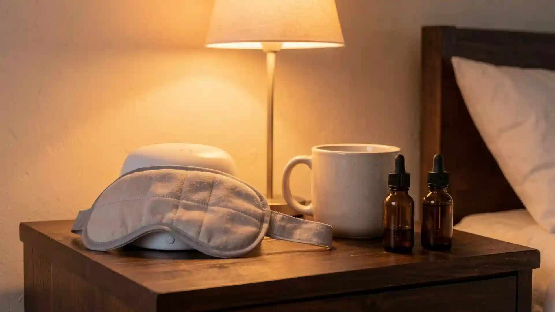 Bedside nightstand cluttered with eye mask, white noise machine, and supplement bottles