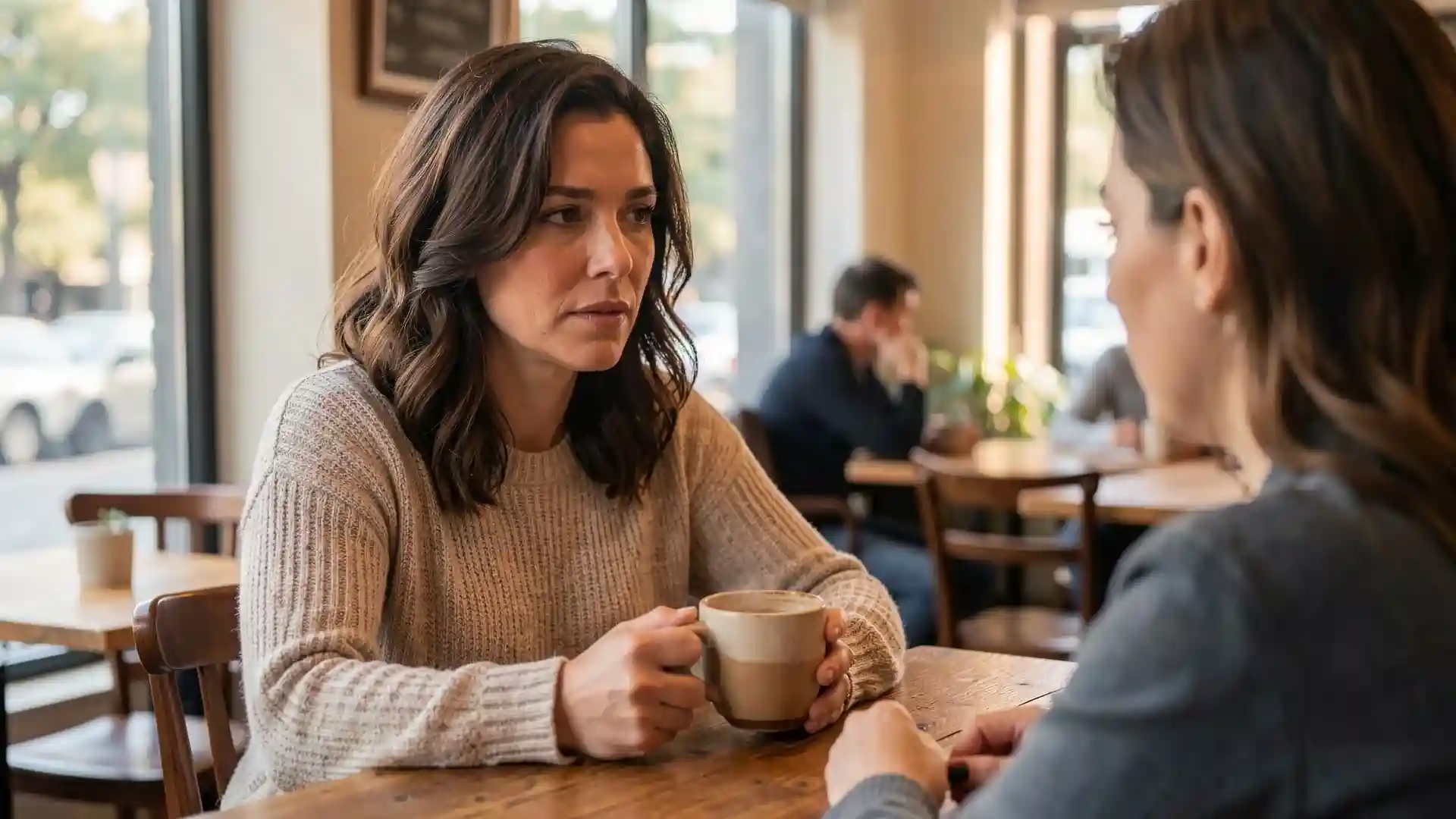 Sarah listening attentively to her friend Maya over coffee