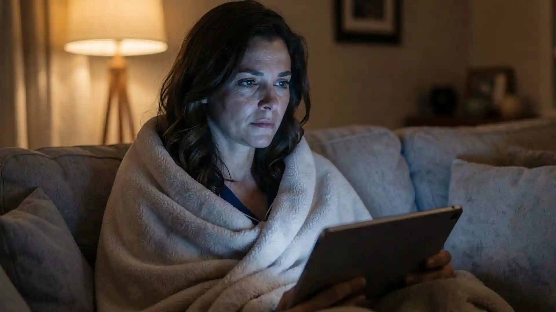 Sarah reading sleep research on a tablet screen wrapped in a fleece blanket