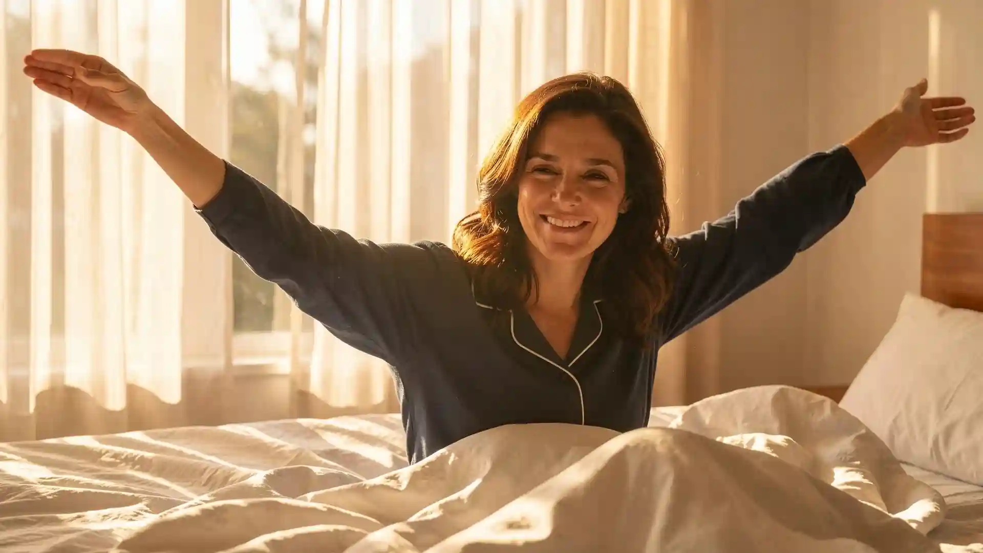 Sarah waking up refreshed stretching her arms in morning sunlight
